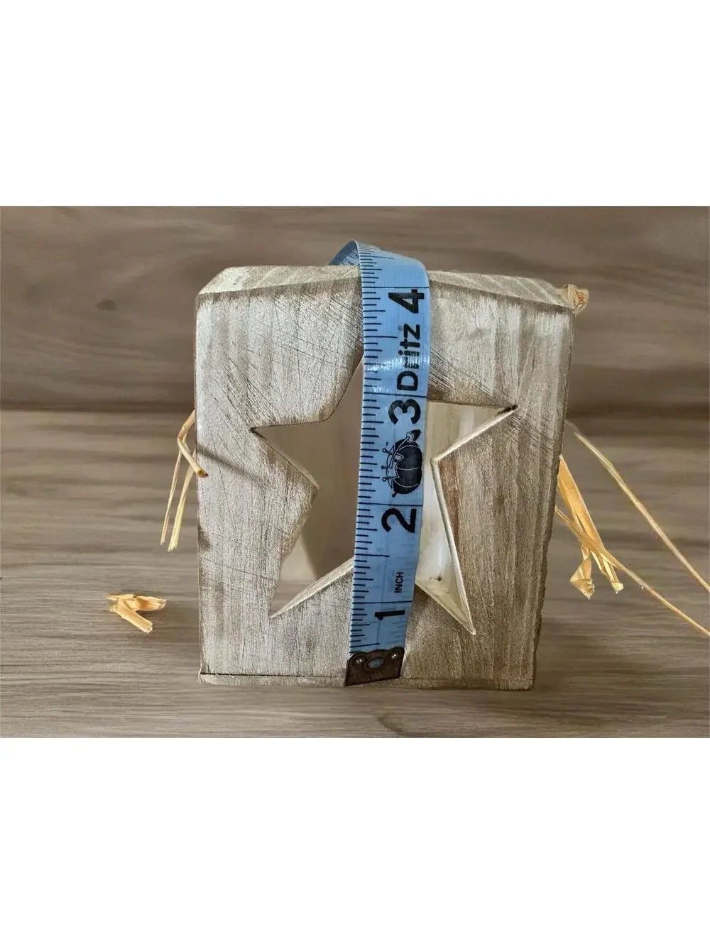Rustic Wooden Star Lantern with Wire Handle and Raffia Bow